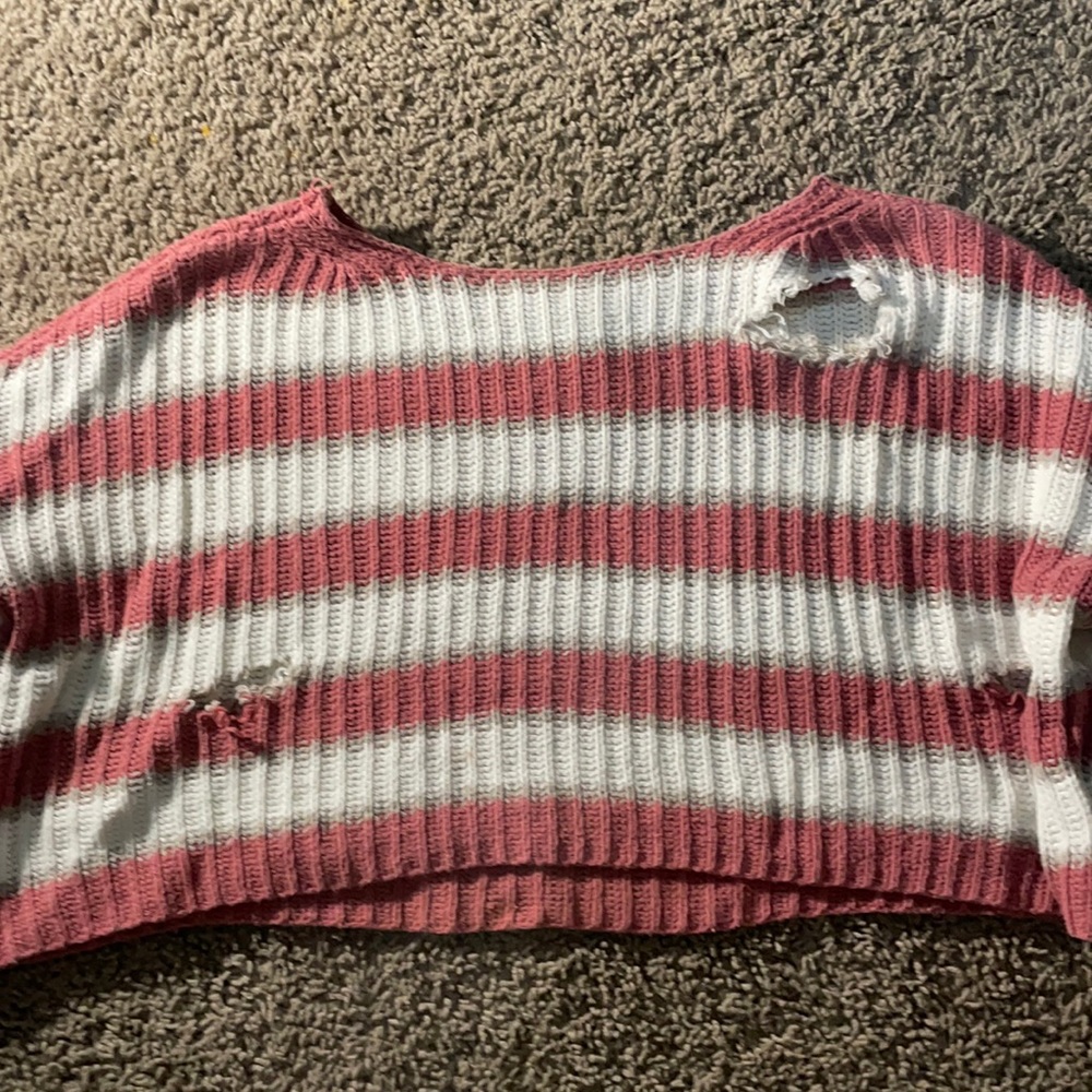 pink and white cropped sweater
